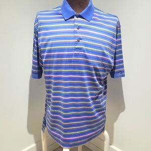 Ben Hogan Men's Striped Collared Golf Polo Size Medium Blue Mercerized Cotton